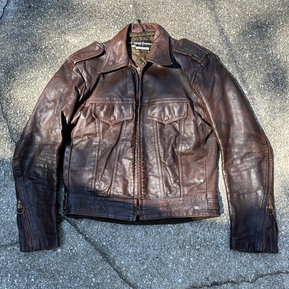 Vintage AMF Harley Davidson Brown Leather Biker Jacket Mens 40 Cafe Racer 70s
